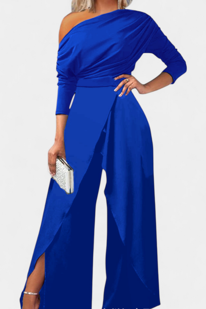 Brina asymmetrical jumpsuit with pearl-embellished shoulders and straight legs