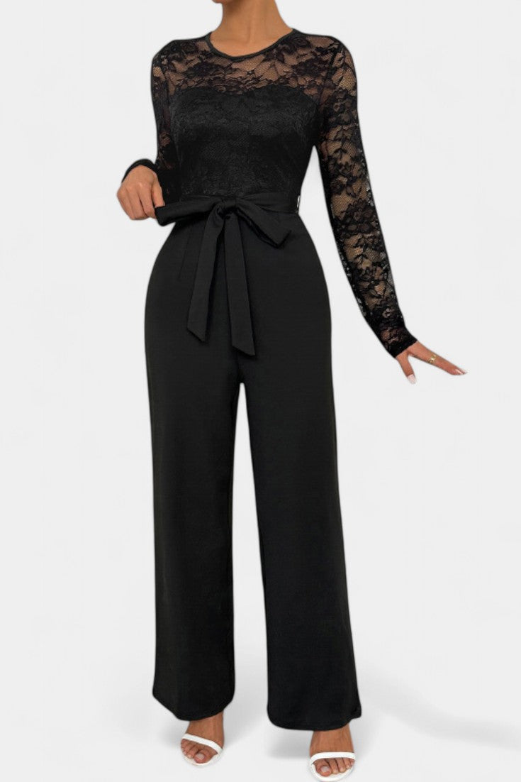 Éviana lace jumpsuit with sheer sleeves, wide-leg trousers and tied waist