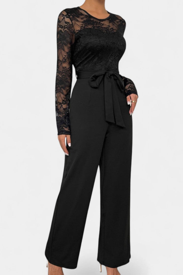 Éviana lace jumpsuit with sheer sleeves, wide-leg trousers and tied waist
