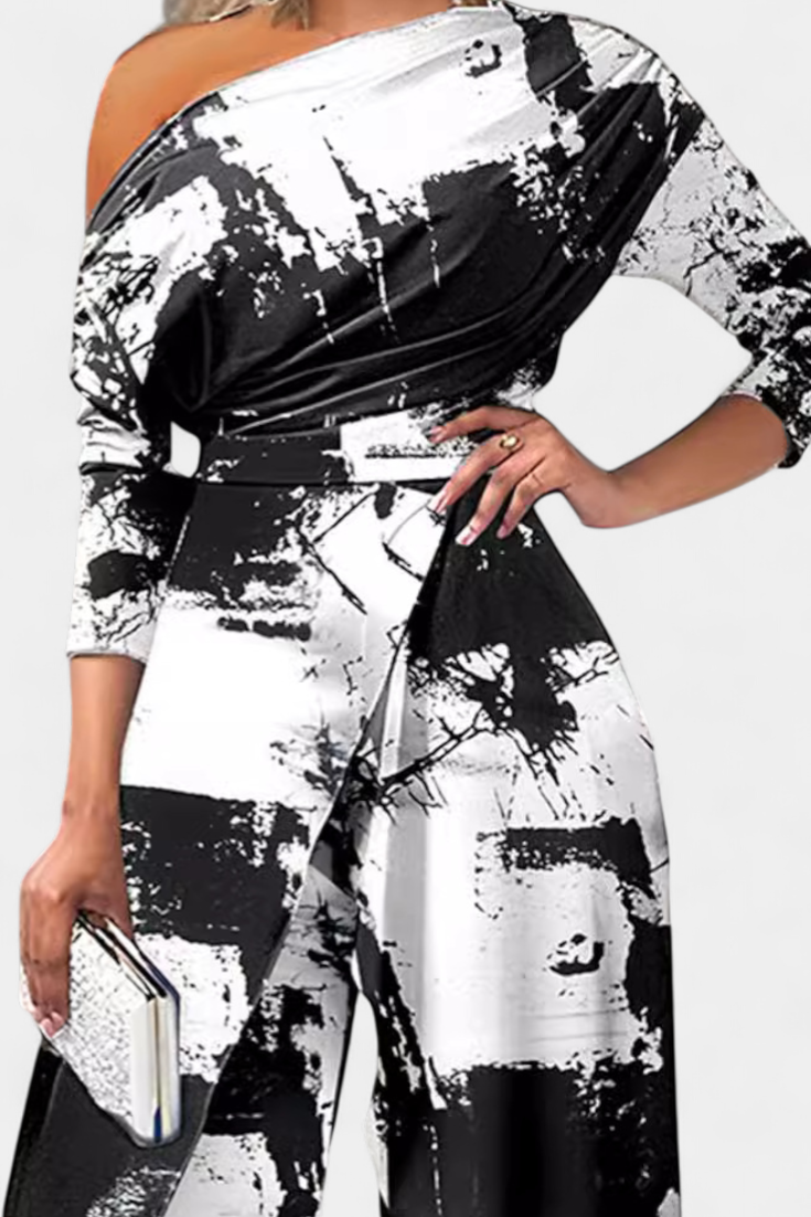 Brina asymmetrical jumpsuit with pearl-embellished shoulders and straight legs