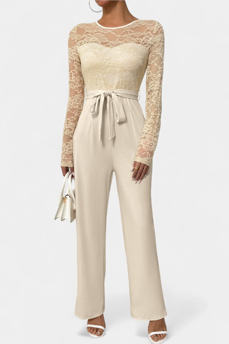 Éviana lace jumpsuit with sheer sleeves, wide-leg trousers and tied waist