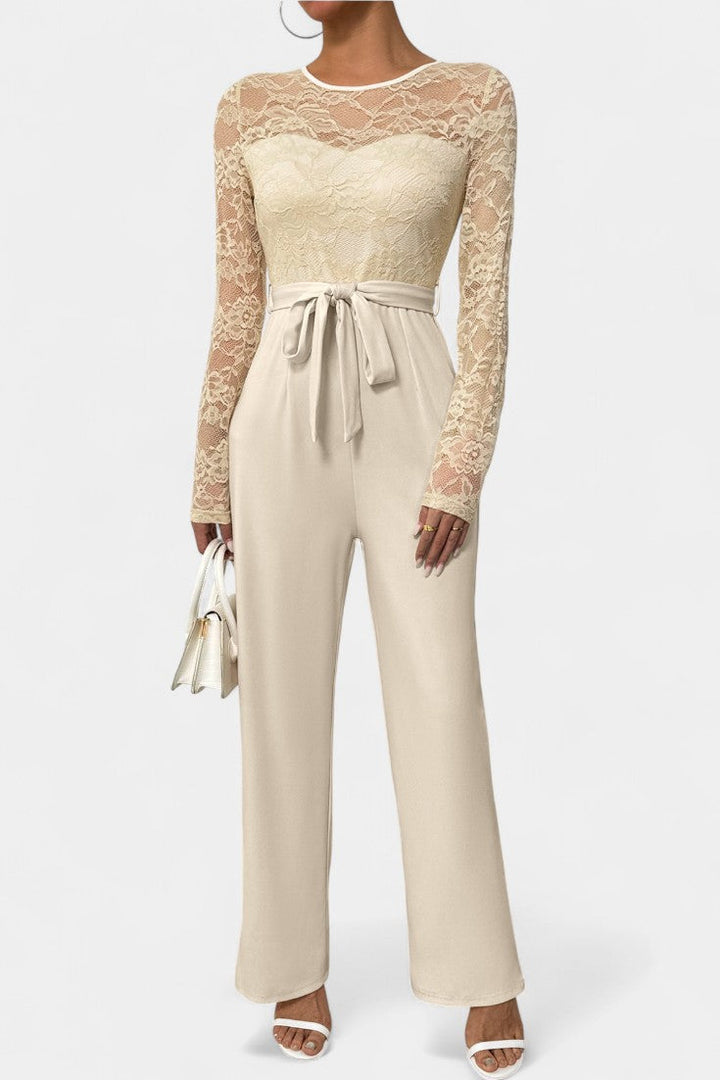 Éviana lace jumpsuit with sheer sleeves, wide-leg trousers and tied waist