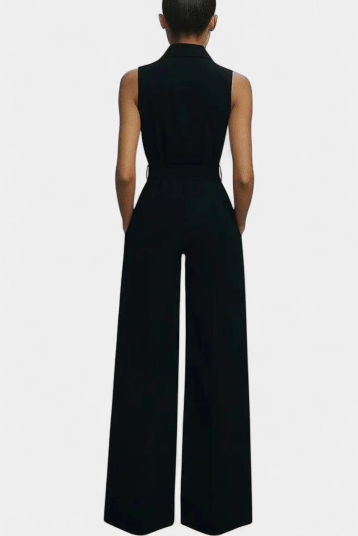 Ariella sleeveless jumpsuit with structured lapels, high waist and wide legs