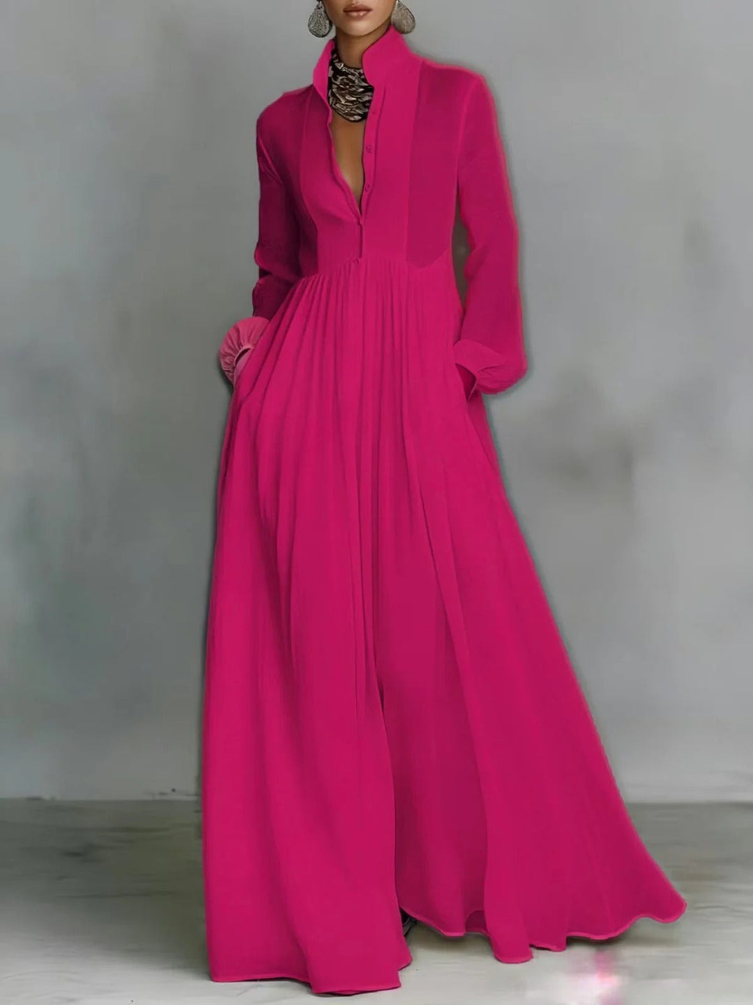 Celine dark pink flowing button-front maxi dress with a defined waist