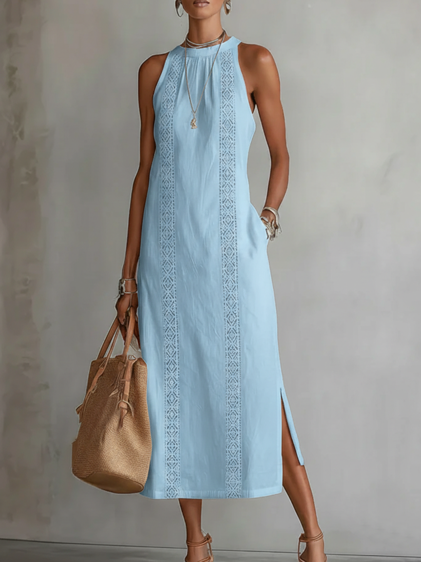 Blue sleeveless lace detail midi dress with high neckline and side slit