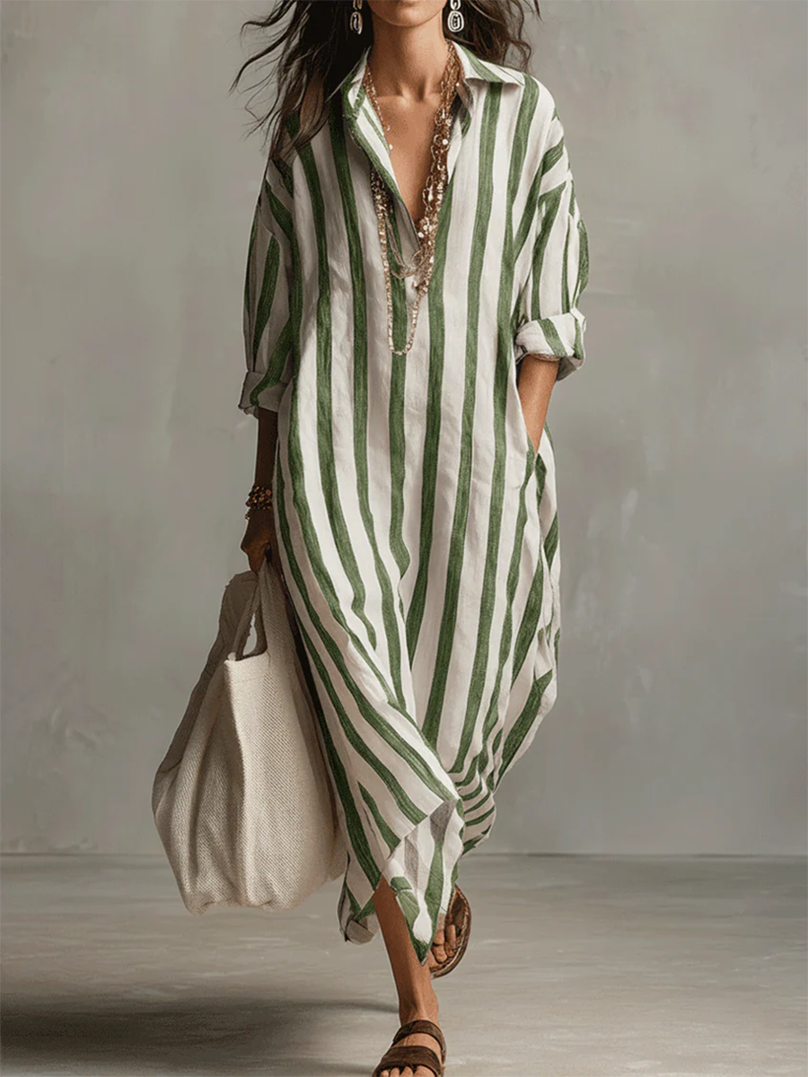 Liora oversized maxi dress with vertical stripe pattern and flowing maxi length