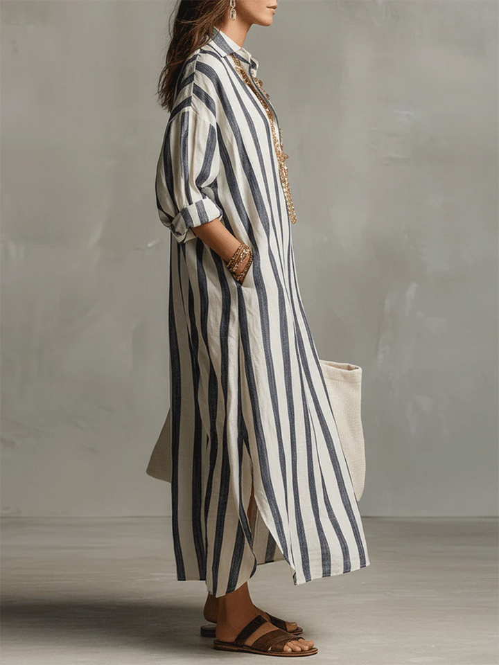 Liora oversized maxi dress with vertical stripe pattern and flowing maxi length