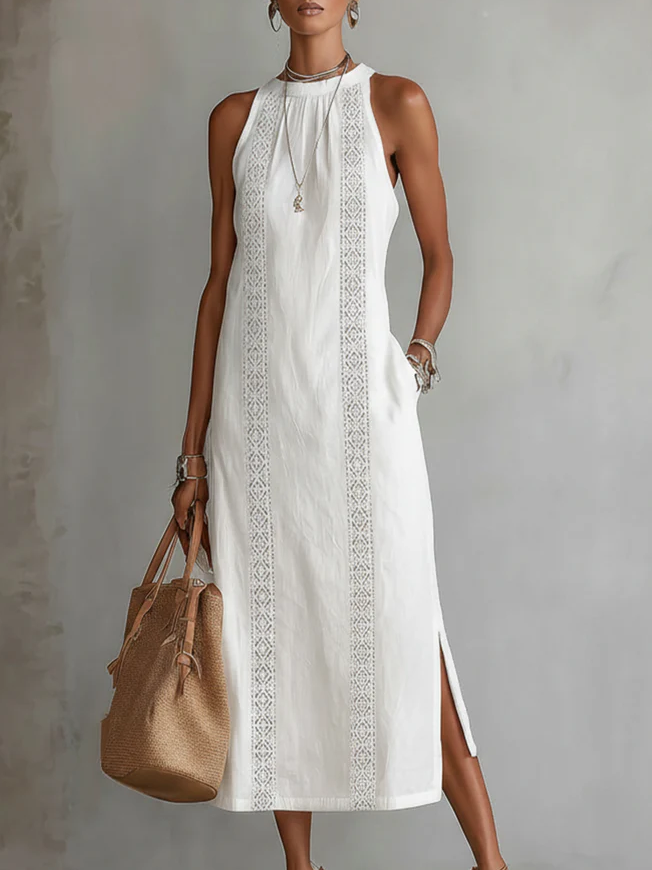 White sleeveless lace detail midi dress with high neckline and side slit