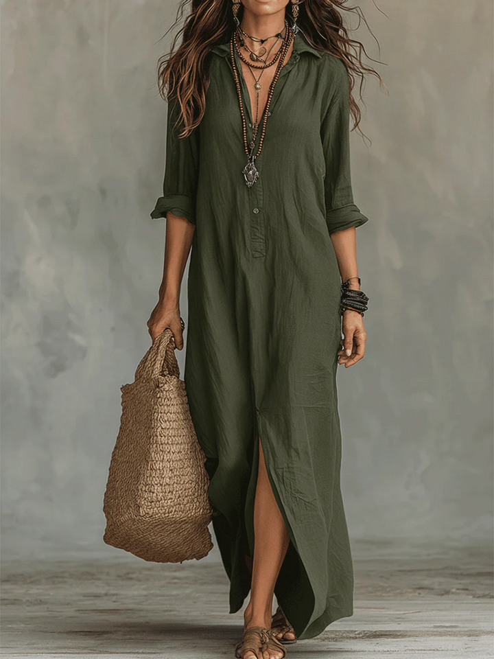 Nora relaxed maxi dress with soft V-neckline and flowing silhouette