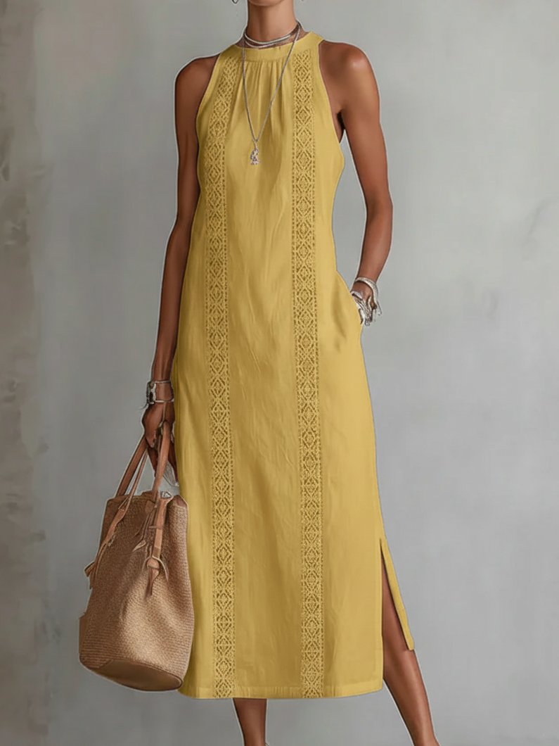 Yellow sleeveless midi dress with high neckline, lace panel detail and side slit
