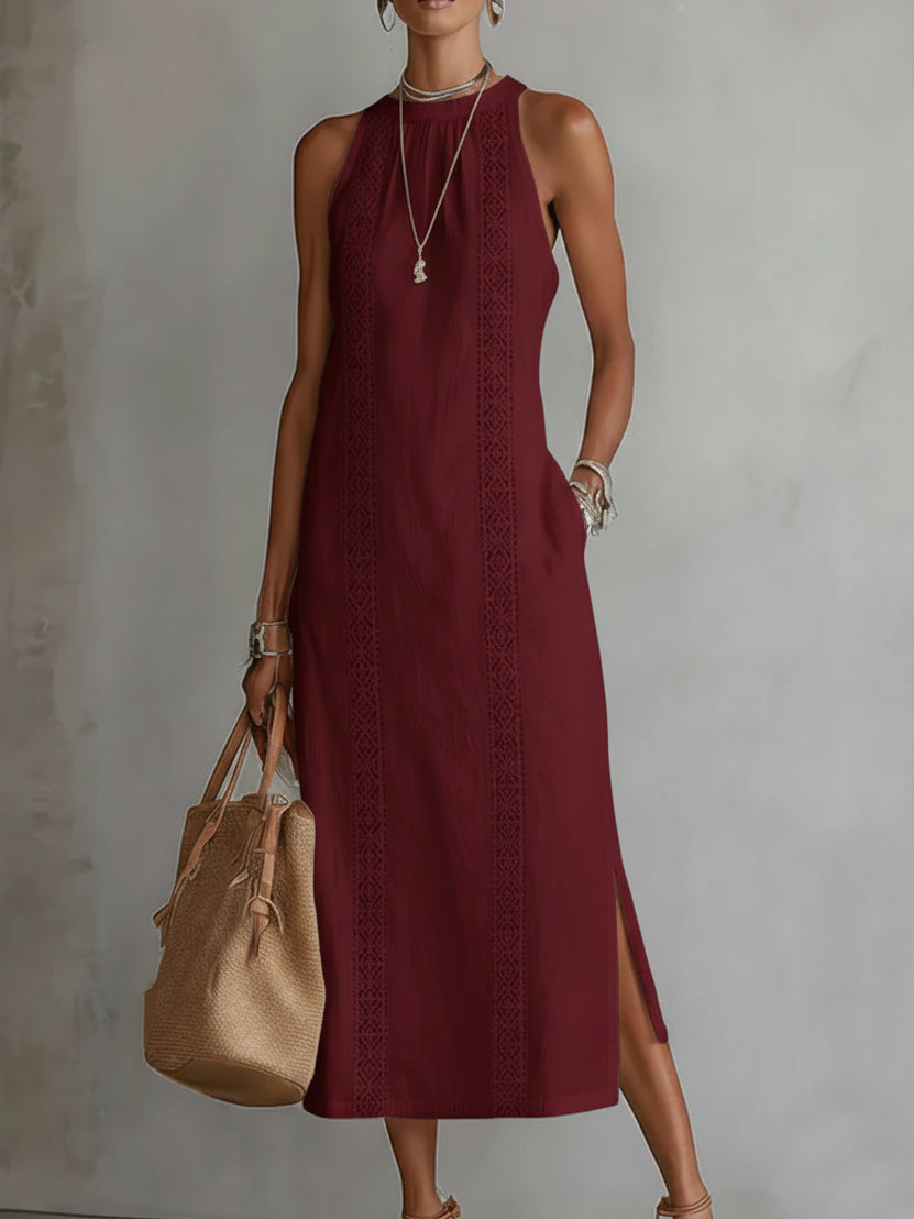 Wine red sleeveless midi dress with high neckline, lace panel details and side slit