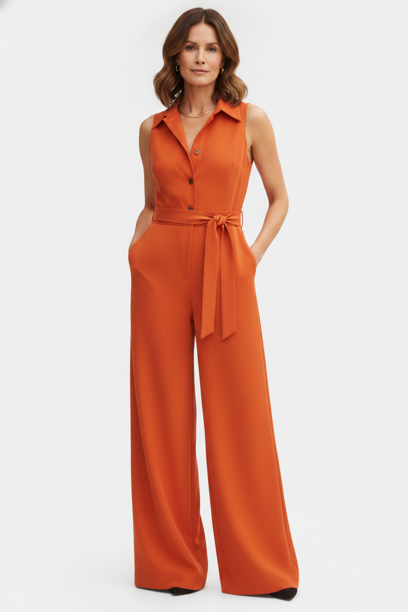 Ariella sleeveless jumpsuit with structured lapels, high waist and wide legs