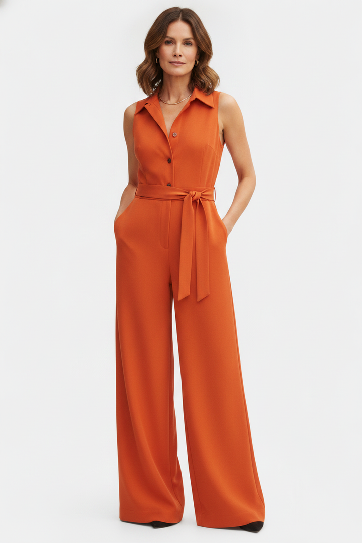 Ariella sleeveless jumpsuit with structured lapels, high waist and wide legs