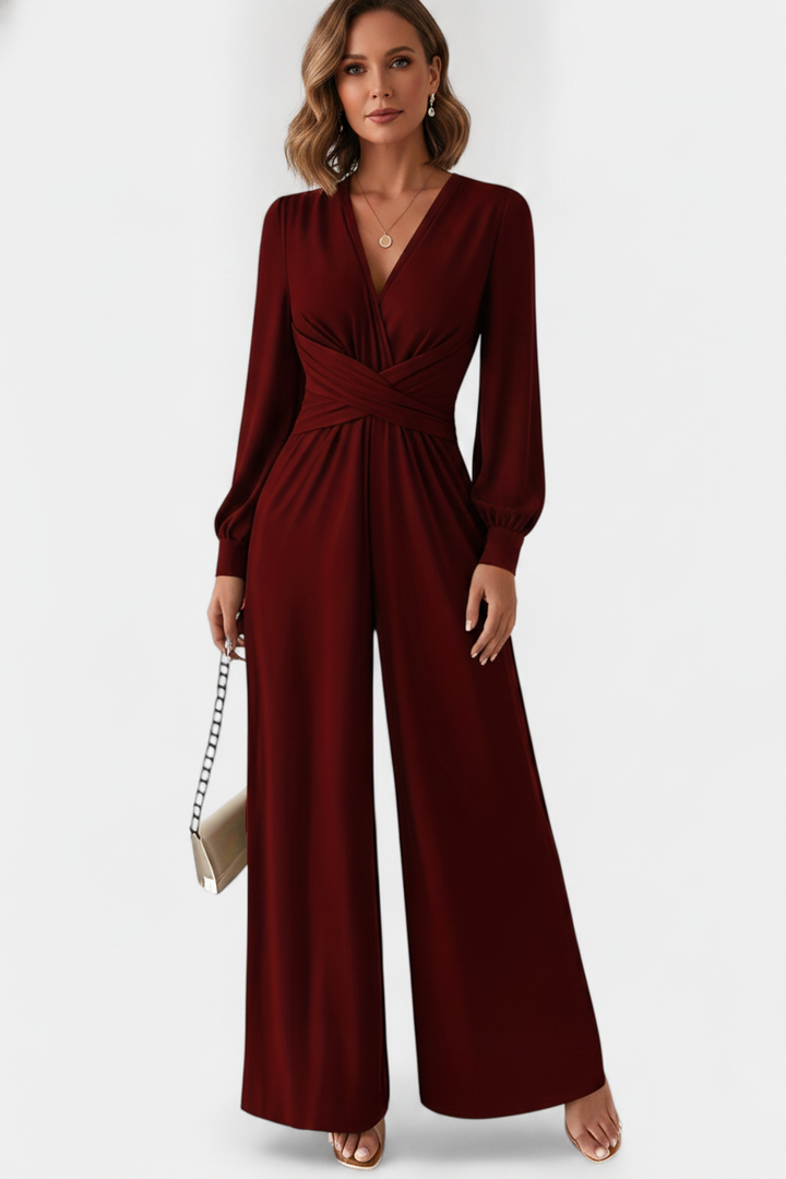 Eudora chic V-neck tailored jumpsuit shown in burgundy, green and black