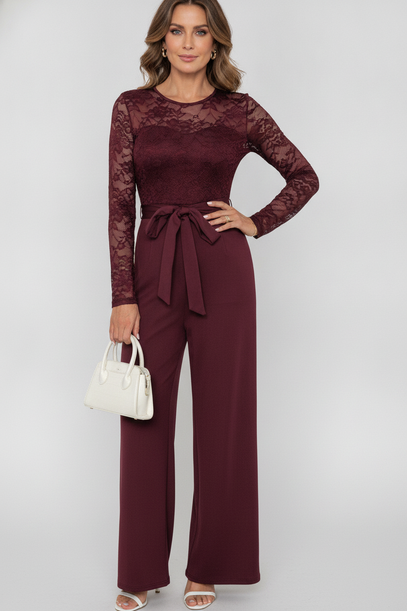 Éviana lace jumpsuit with sheer sleeves, wide-leg trousers and tied waist