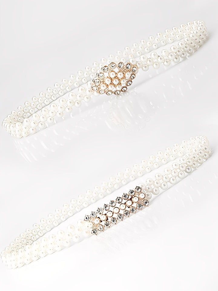 Set of two imitation pearl and rhinestone chain belts in silver and white