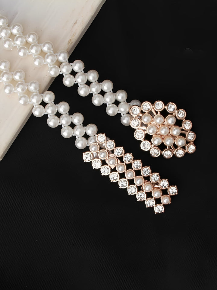 Set of two imitation pearl and rhinestone chain belts in silver and white