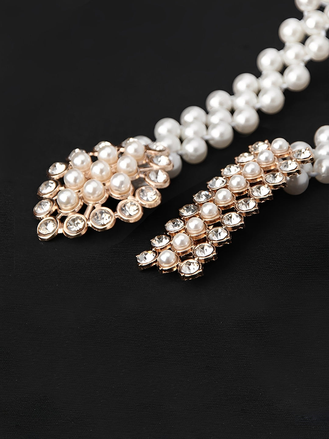 Set of two imitation pearl and rhinestone chain belts in silver and white