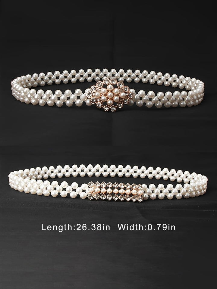 Set of two imitation pearl and rhinestone chain belts in silver and white