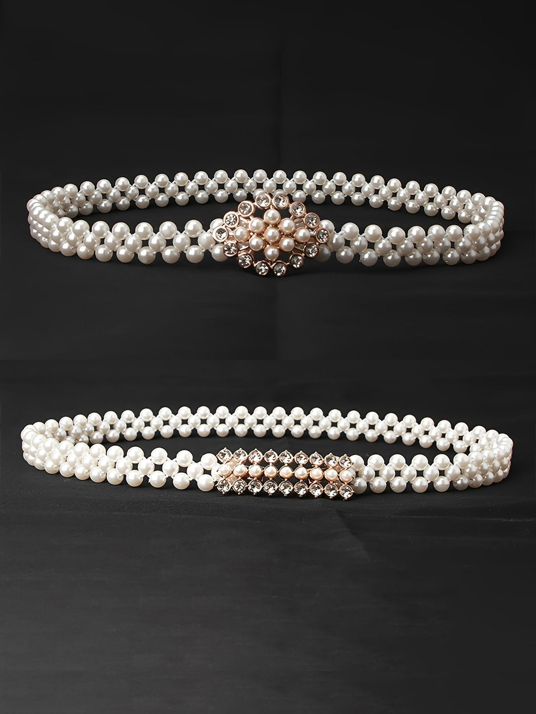 Set of two imitation pearl and rhinestone chain belts in silver and white