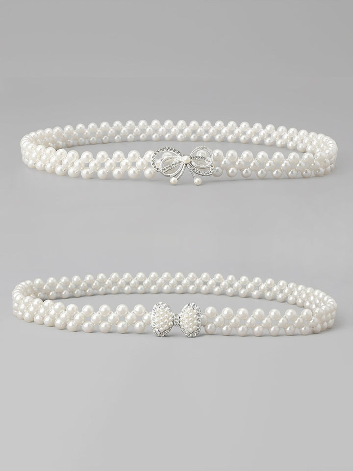 Set of two imitation pearl and rhinestone chain belts in silver and white