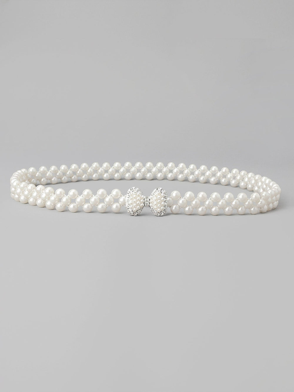 Set of two imitation pearl and rhinestone chain belts in silver and white
