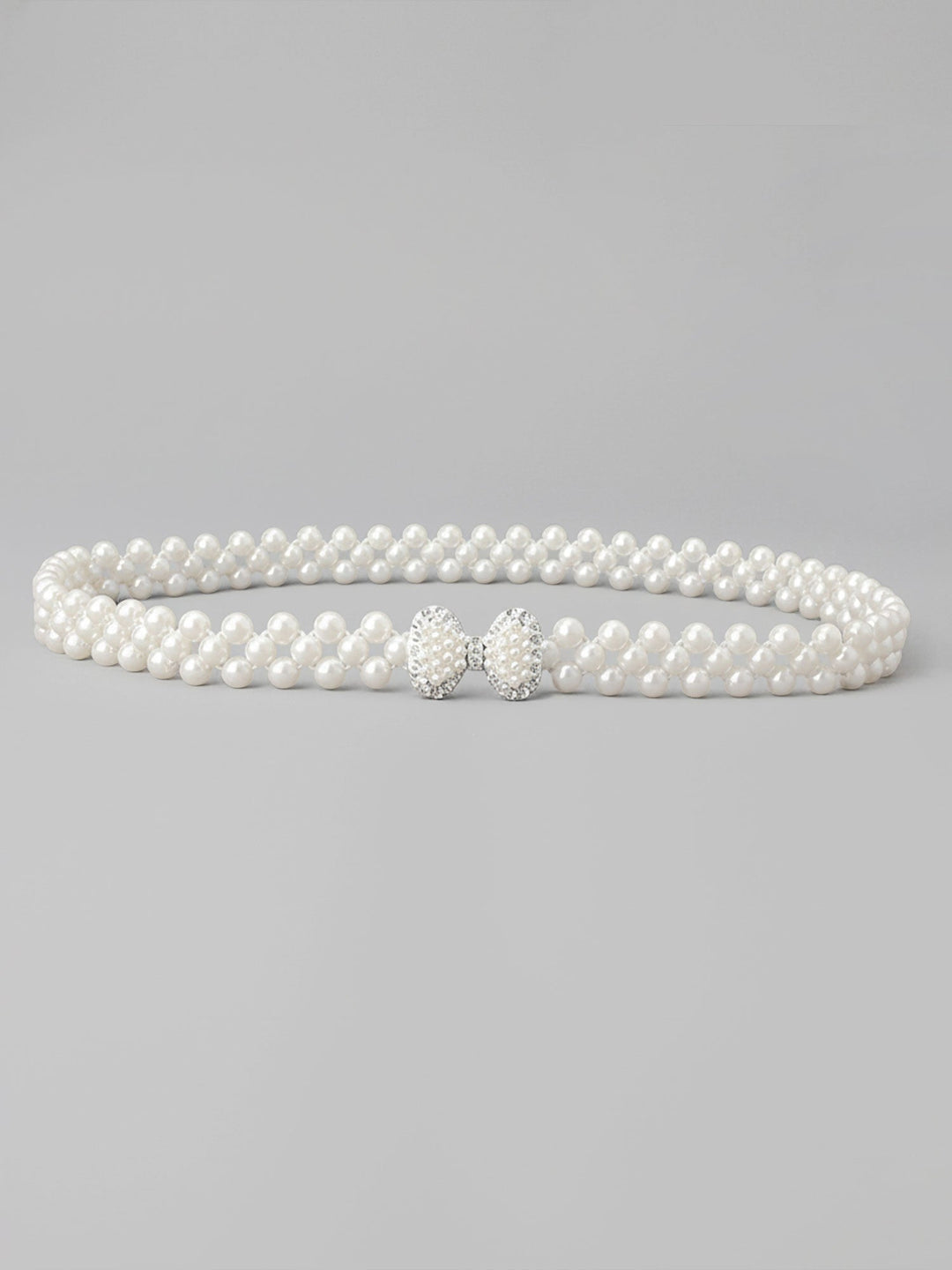 Set of two imitation pearl and rhinestone chain belts in silver and white