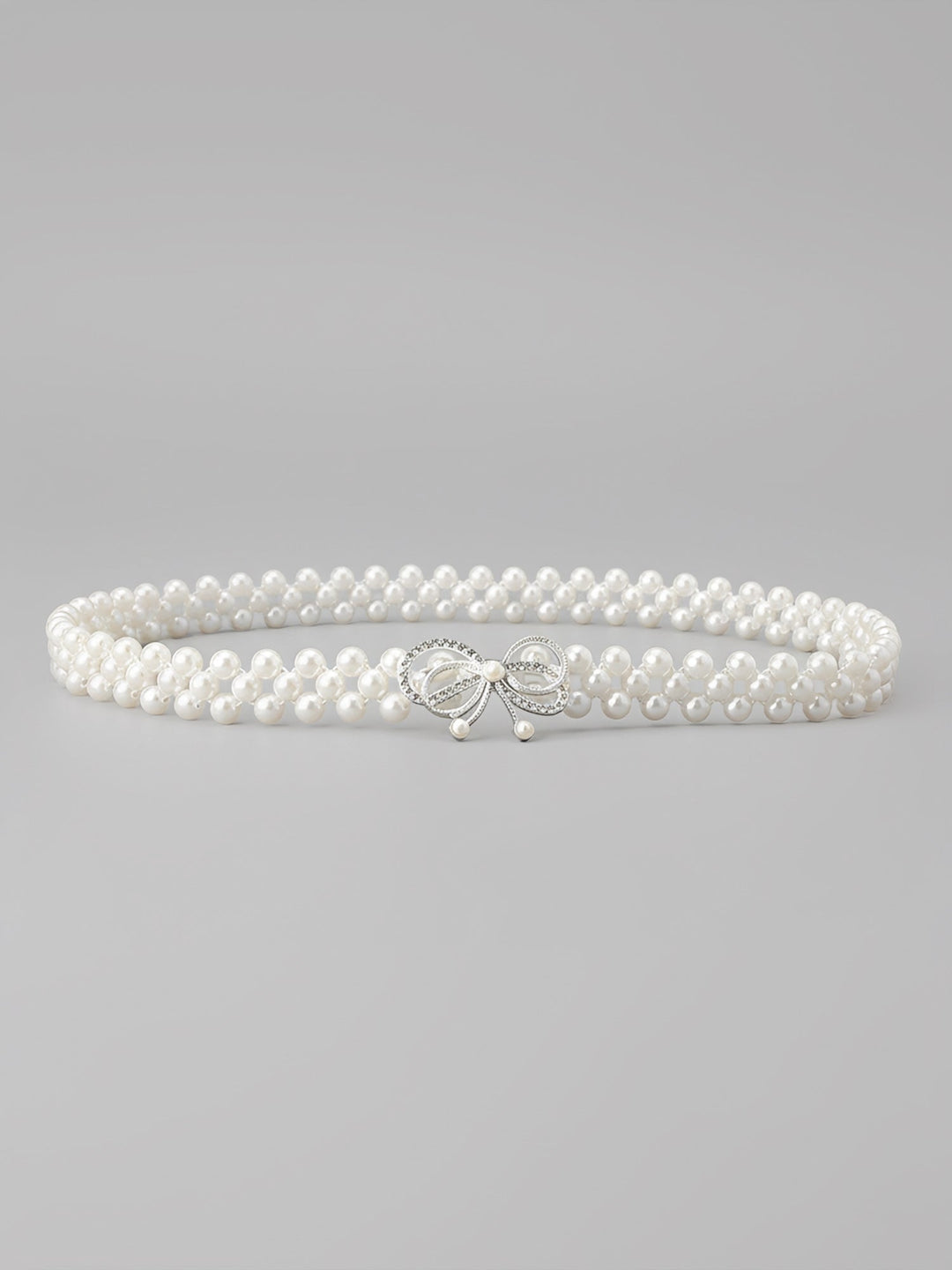 Set of two imitation pearl and rhinestone chain belts in silver and white