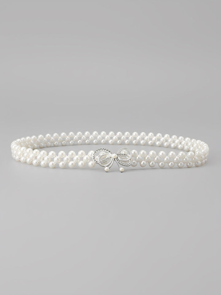 Set of two imitation pearl and rhinestone chain belts in silver and white