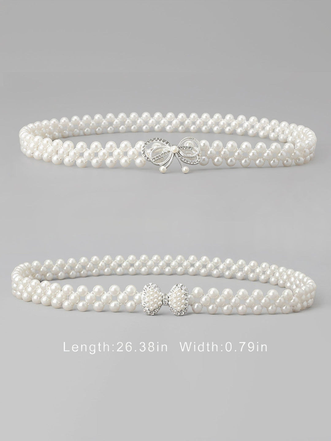 Set of two imitation pearl and rhinestone chain belts in silver and white