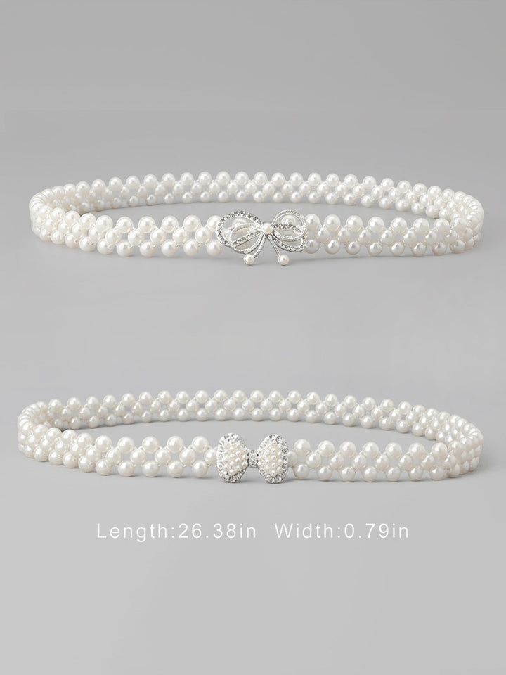 Set of two imitation pearl and rhinestone chain belts in silver and white