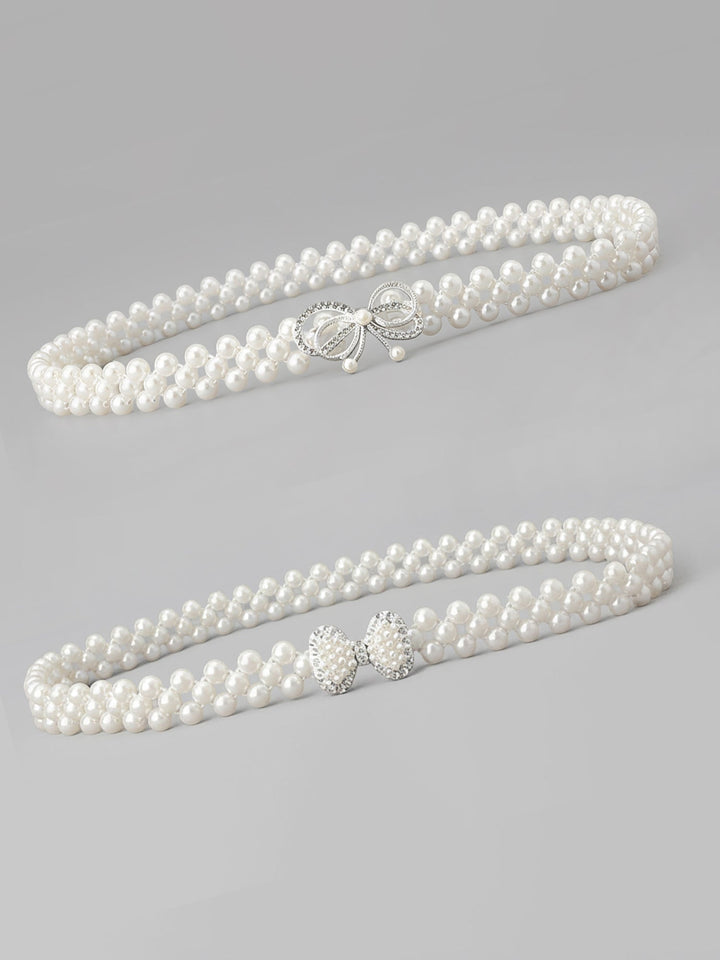 Set of two imitation pearl and rhinestone chain belts in silver and white